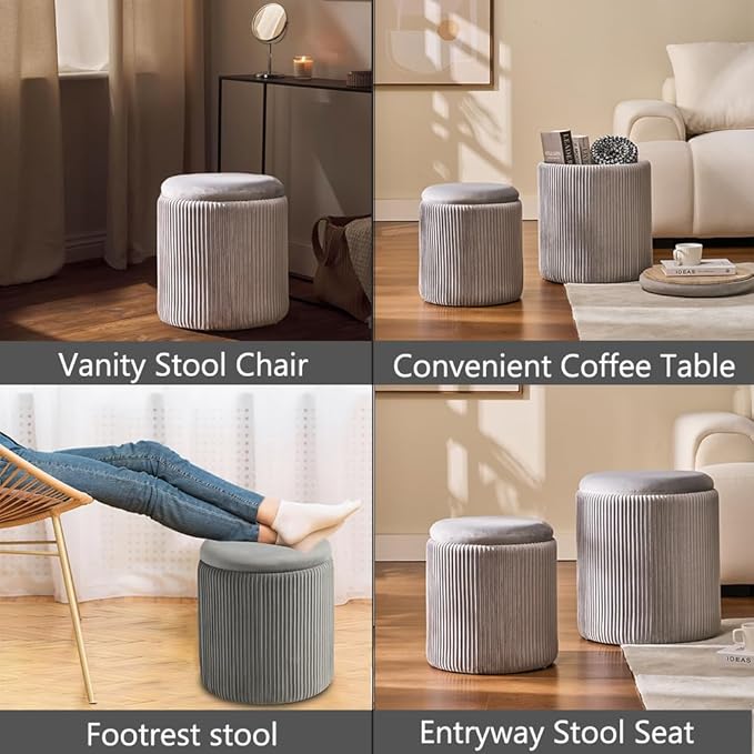 Round Set of 2 Ottoman with Storage-Upholstered Velvet Vanity Stool - Image 4