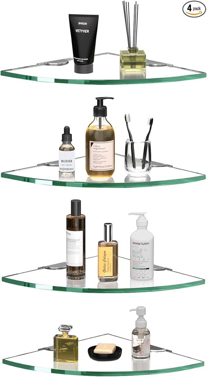 Corner Glass Shower Caddy 4 Pack 8MM-Thick Tempered Glass Shelf No Drilling by decorstat