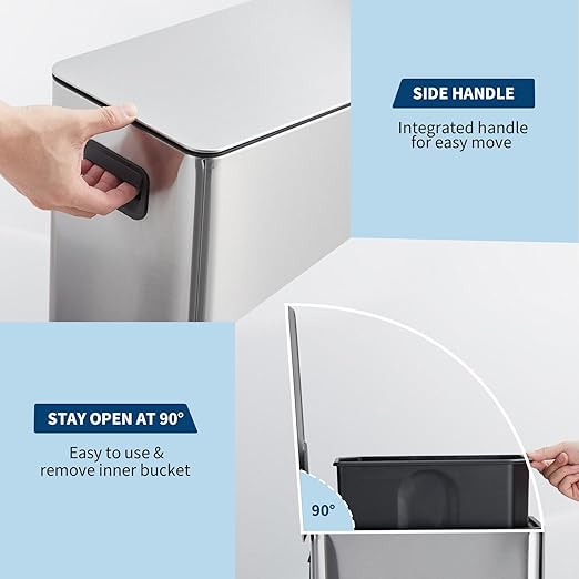 15 L Kitchen Step Trash Can, 4 Gallon Narrow Stainless Steel Waste Bin - Image 3