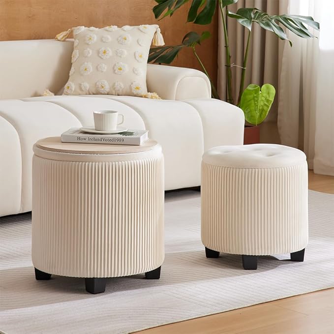 Big Round Ottoman with Storage Set of 2, Upholstered Velvet Vanity Stool - Image 2