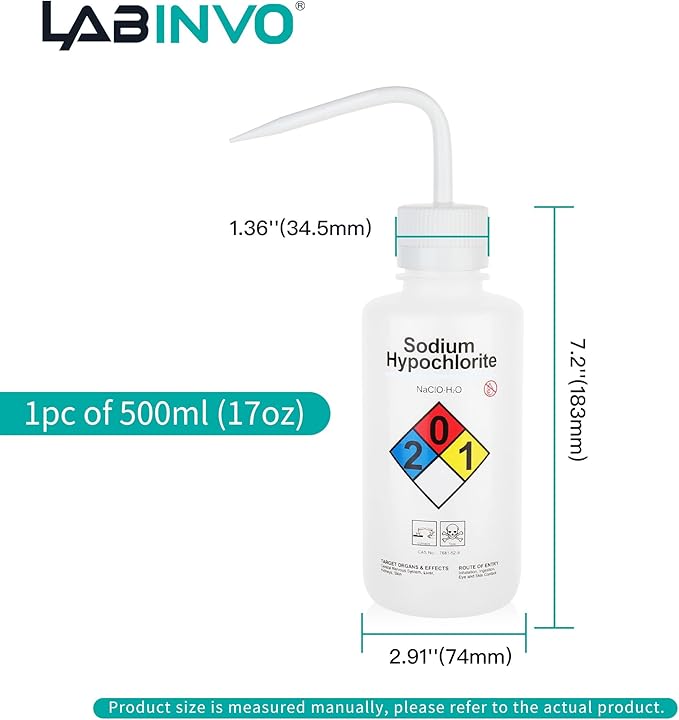 Sodium Hypochloride Wash Bottles, Narrow Mouth, Self-Venting Safety Wash Bottles - Image 3