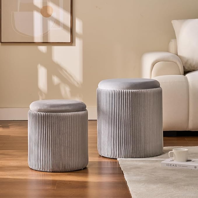 Round Set of 2 Ottoman with Storage-Upholstered Velvet Vanity Stool - Image 6