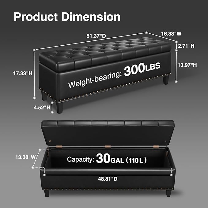 Storage Ottoman Bench, 51-Inch Large Storage Bench - Image 2