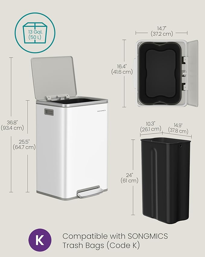 SONGMICS Trash Can, 13-Gallon Gabbage Can, - Image 6