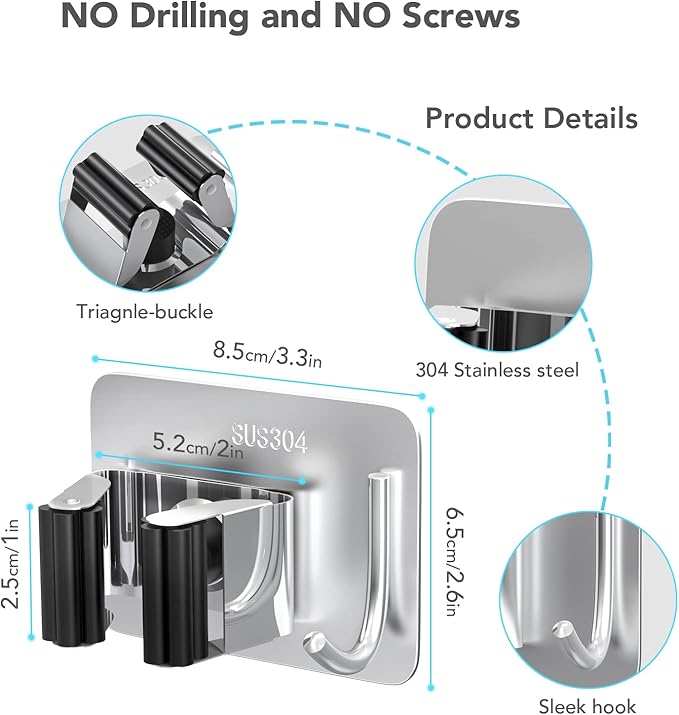 Mop Broom Holder No Drill, Mop Broom Organizer Wall Mounted Heavy Duty - Image 8
