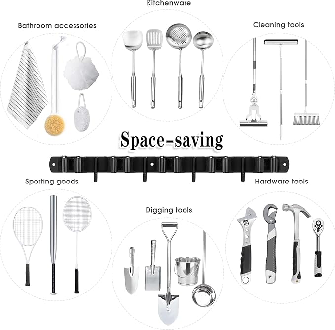 Black 5 Racks and 4 Hooks Mop and Broom Holder Wall Mount, Broom Organizer - Image 7