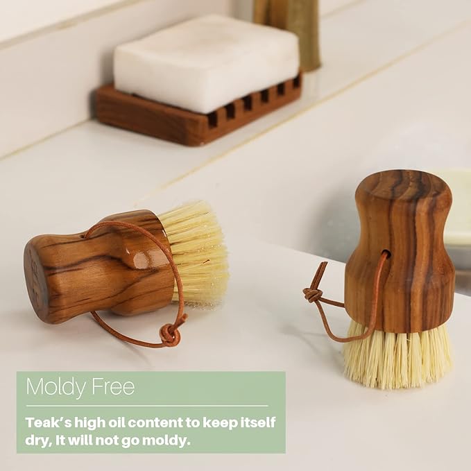 Teak Dish Scrub Brush 2PCS by HTB, Good Grip Small Wooden Dish Brush - Image 2