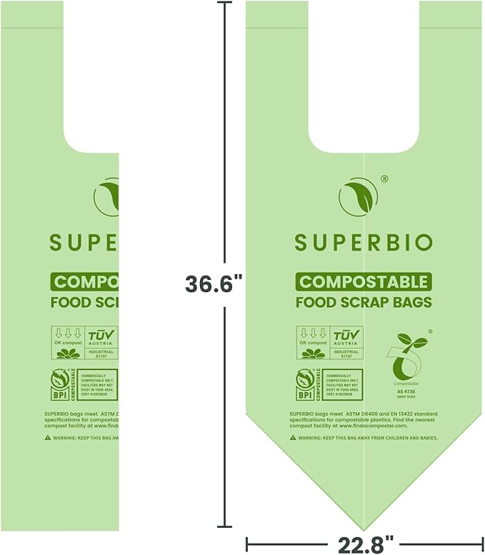 SUPERBIO 13 Gallon Handle Tie Compostable Food Waste Bags, 2 Pack, ASTM D6400 - Image 6