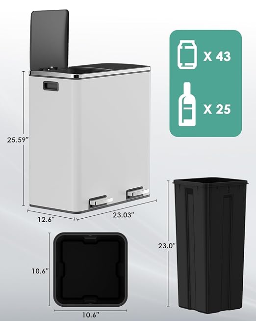 AthLike 60L Dual Trash Can, Stainless Steel Kitchen Garbage Can, Double - Image 2
