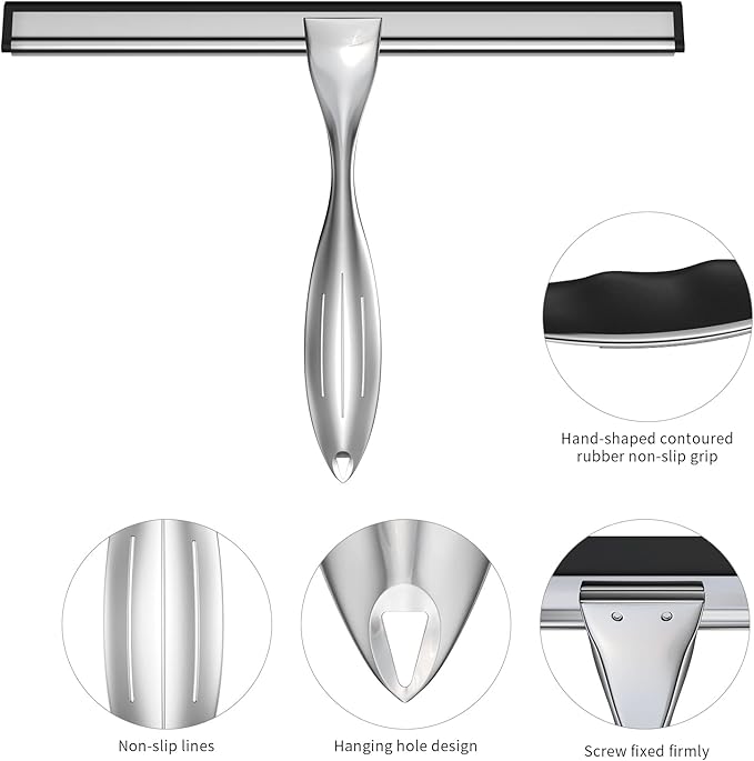 Shower Squeegee for Glass Door 12-Inch Stainless Steel Bathroom Squeegee Window - Image 2