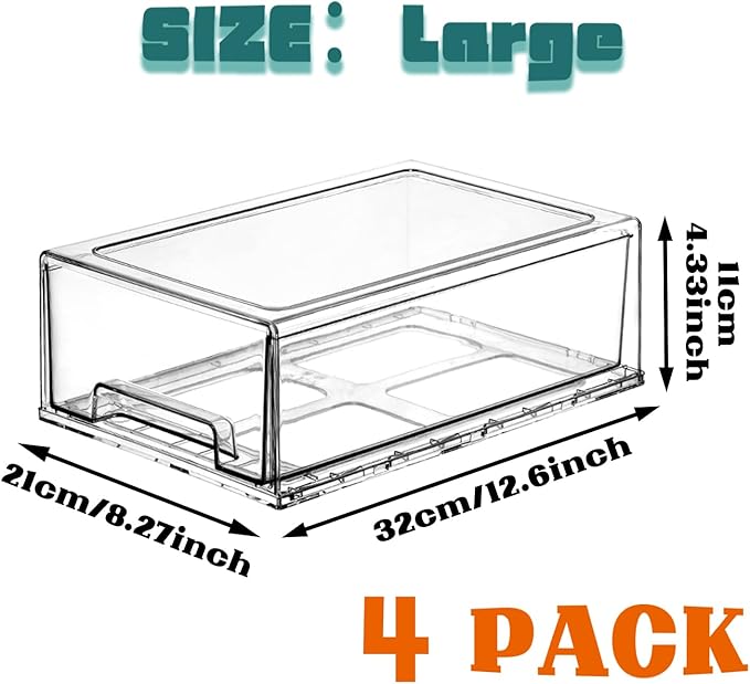 PeJeyiee 4 Pack Clear Stackable Refrigerator Organizers and Storage Drawers - Image 3