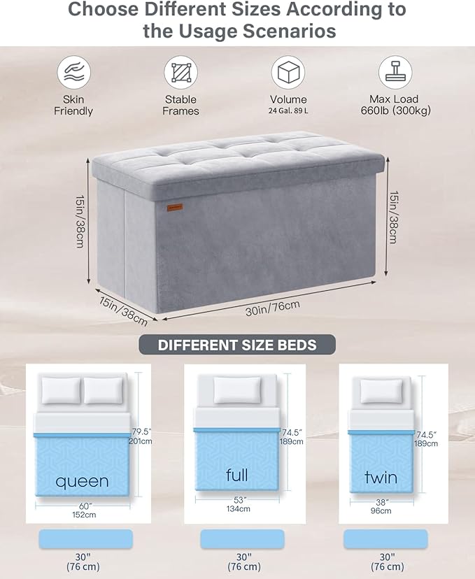 Folding Storage Ottoman, Velvet Storage Bench, Removable Divider, - Image 2