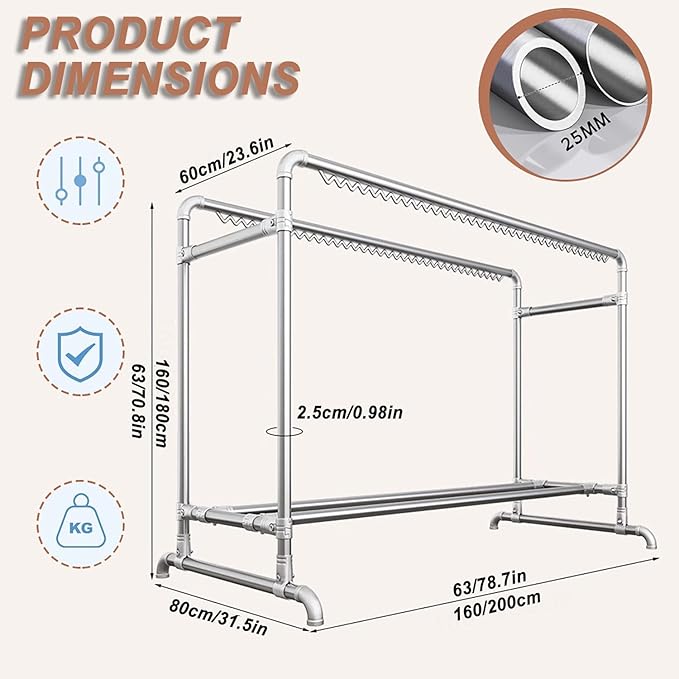 Clothes Drying Rack with Windproof Hooks, 63 inch Drying Rack Clothing Indoor - Image 2