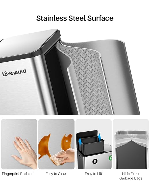 Dual Trash and Recycling Bins for Kitchen, 13.2 + 5.2 Gal Stainless Steel Trash - Image 3