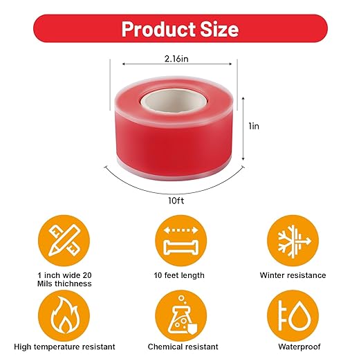 Self Fusing Silicone Tape 4 Rolls 1 in x 10' Red Waterproof Rescue Tape Rubber - Image 2