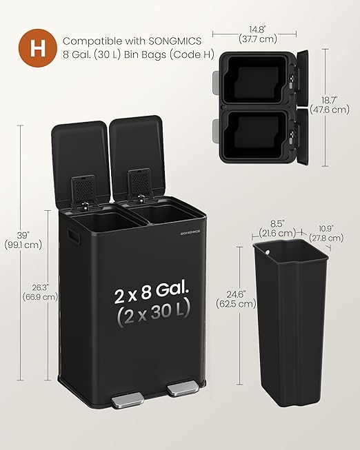 SONGMICS Trash Can, 2 x 8 Gallon Dual-Compartment Garbage Can - Image 6