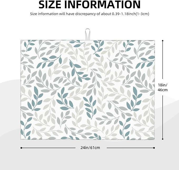 Grey And Blue Leaves Branches Microfiber Absorbent Reversible Dish Drying Mat - Image 3