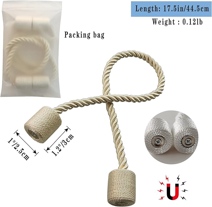 Magnetic Curtain Tiebacks 6 Pack Beige Curtain Rope Tieback Curtain Holders - Image 2