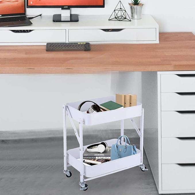 Melody House 2-Tier Metal Folding Rolling Cart, Mobile Utility Cart Trolley - Image 5