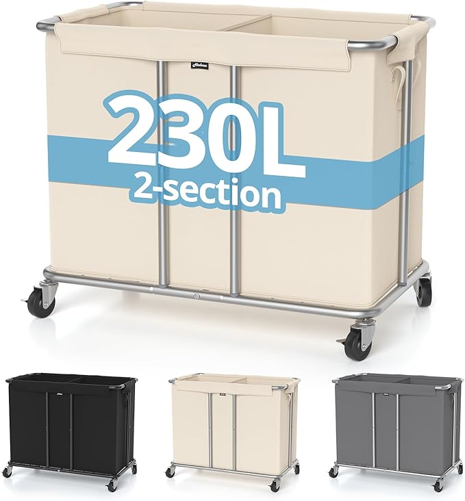 230L Rolling Laundry Hamper, 2-Section Laundry Basket - Image 9
