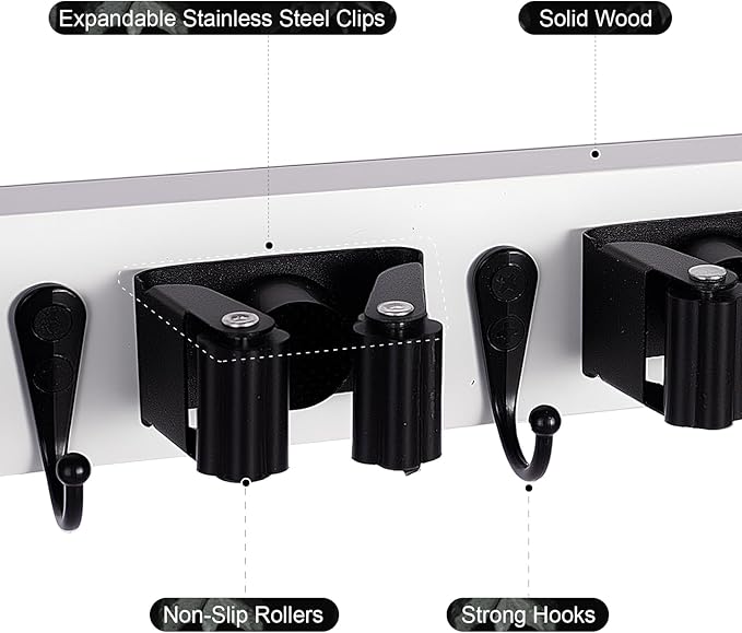 Broom Holder Wall Mount With 5 Slots & 4 Hooks，Rustic Wood Broom & Mop - Image 3