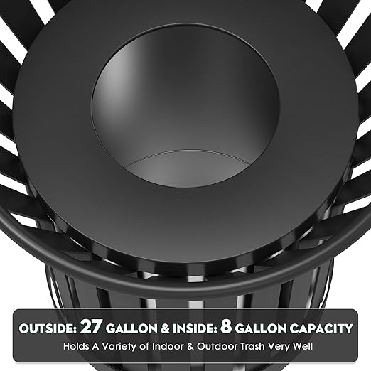 8Gallon Round Large Outdoor Trash Can, Heavy Duty Metal Slatted Garbage Can - Image 5