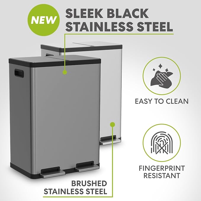 SIMPLI-MAGIC 16 Gallon Elegant Black Step Trash Can – Dual Compartment Kitchen - Image 3