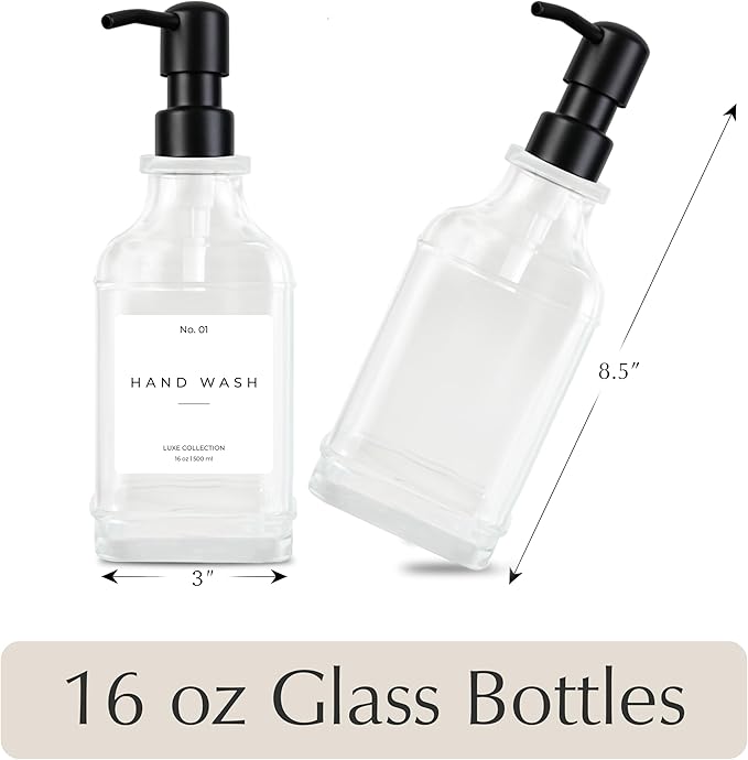 Emerson Essentials Glass Soap Dispenser Set – 16 oz 2-Pack – Refillable Dish & - Image 3