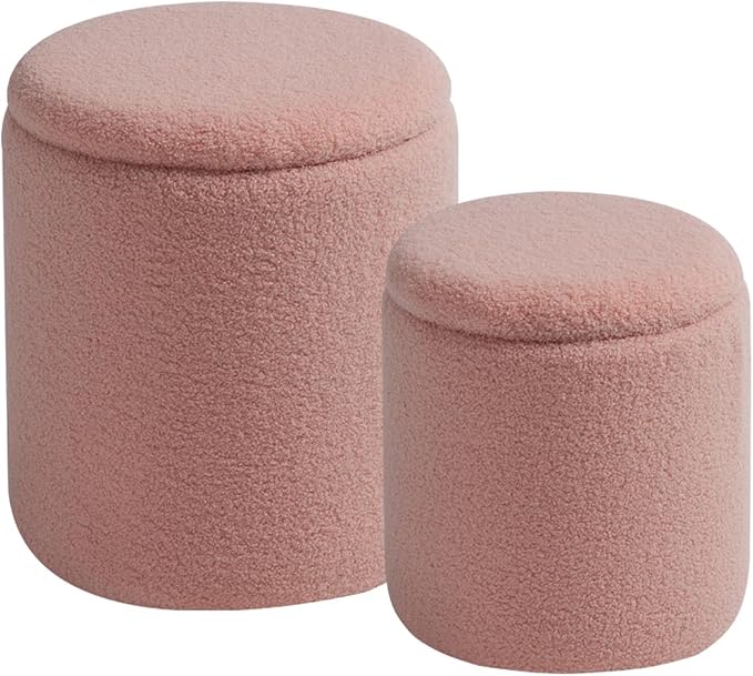 Round Ottoman with Storage Set of 2-Upholstered Sherpa Vanity Stool by HomePage