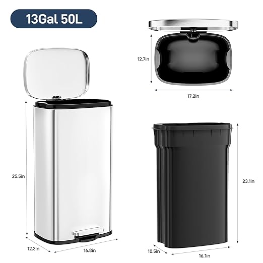 Arlopu 13.2 Gallon Step Trash Can, Stainless Steel Garbage Bin, Soft-Close - Image 2