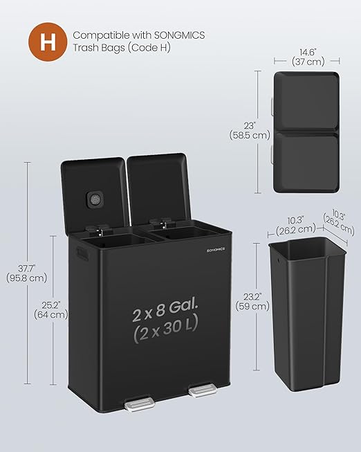 SONGMICS Trash Can, 2 x 8 Gallon Double Garbage Can - Image 6
