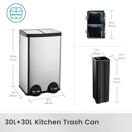60 Liter 16 Gallon Dual Trash Can, Recycle Bins - Image 9