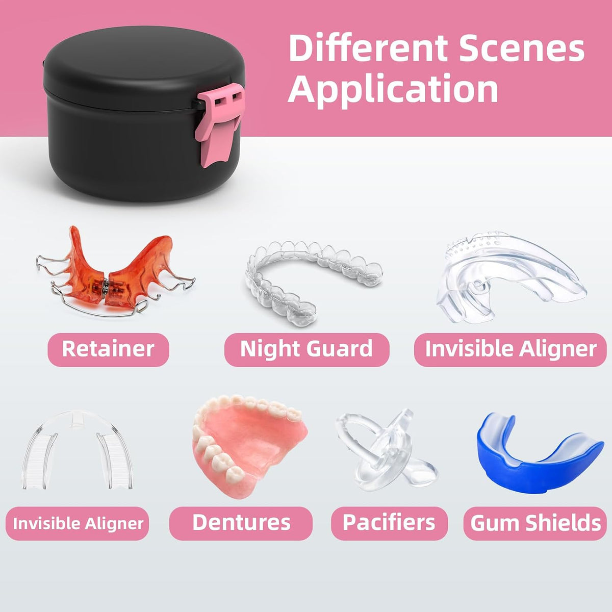 Leak-Proof Denture Bath Cup for Travel, Denture Cup for Soak Dentures, Retainer Cleaning Case with Strainer (Black + Pink)