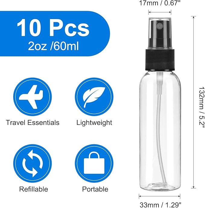 uxcell 10 Pack Spray Bottles, 2 Oz/60ML Clear Empty Mist Plastic Mini Travel - Image 2
