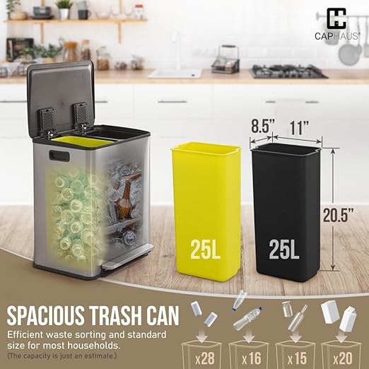 CAPHAUS Black Dual Trash Can w/Single Lid, Trash & Recycle Bins Combo, - Image 3