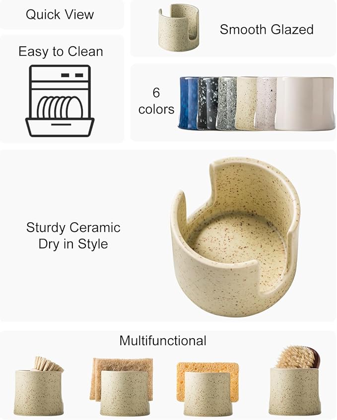 Sponge Holder for Kitchen Sink, Ceramic Dish Sponge Holder Sink Caddy Compact - Image 2