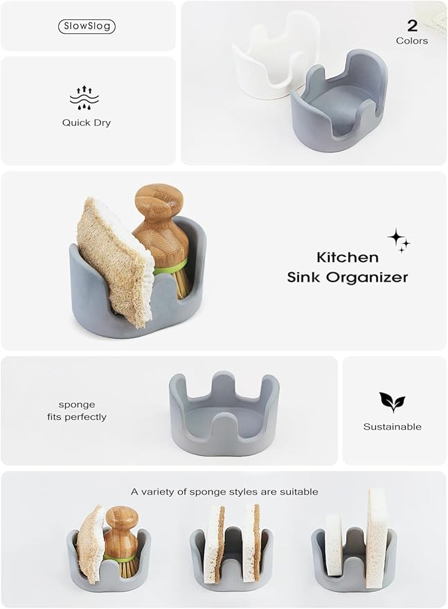 Double Sponge Holder, 2 Slots Diatomite Stone Sponge Holder, Absorbent Sponge - Image 4