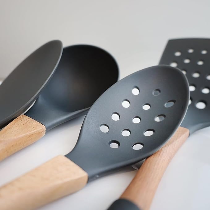 Beille 5pc Dark Grey Nylon Wooden Kitchen Utensils - Image 4