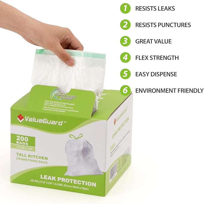 Large Trash Bag 13 Gallon Tall Drawstring 100% Post-Consumer Recycled Garbage - Image 5