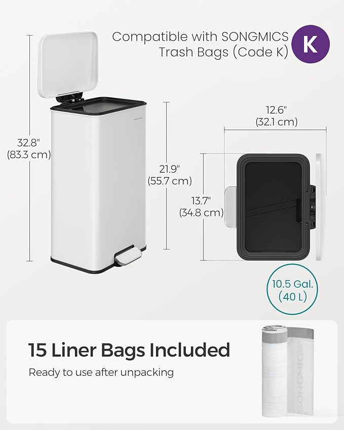 SONGMICS Kitchen Trash Can, 10.5 Gallon Garbage Can, Large Step Trash Bin - Image 7