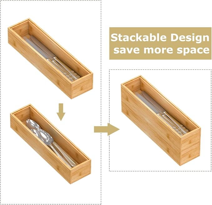 Bamboo Kitchen Drawer Organizer, Stackable Silverware Tray Utensil Organizer - Image 3