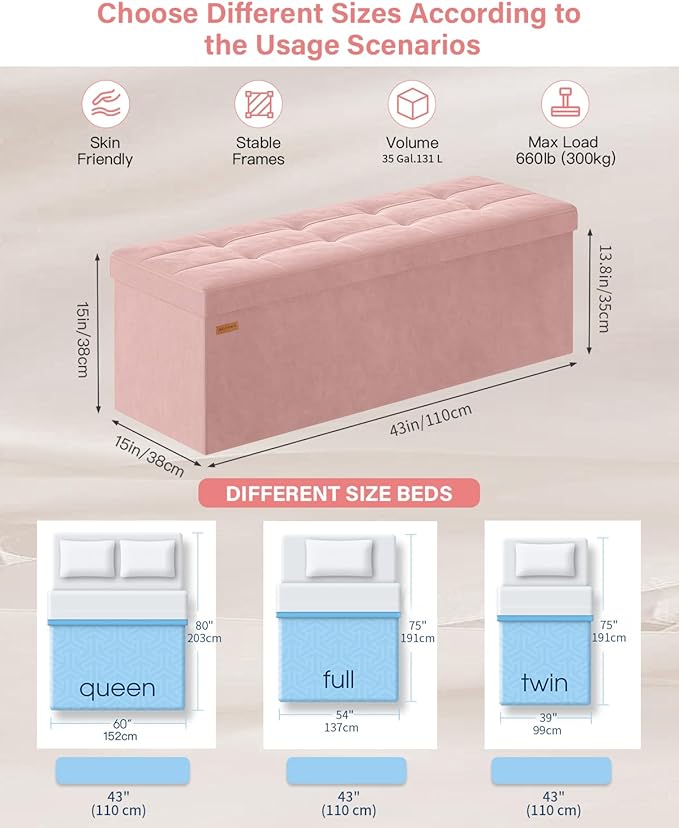 Folding Storage Ottoman, Velvet Storage Bench, Removable Divider, - Image 3