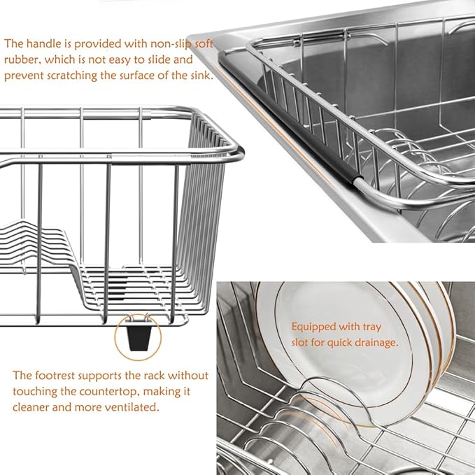 Stainless Steel Dish Drying Rack, Expandable Fruit & Vegetable Drain Rack over - Image 7