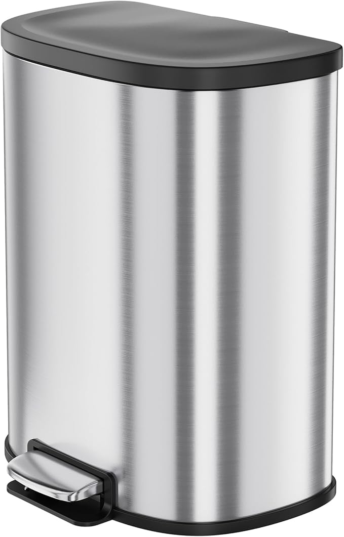 13.2 Gal/50L D-Shape Trash Can, Step-On Stainless Steel Garbage Can, Soft-Close by Unknown