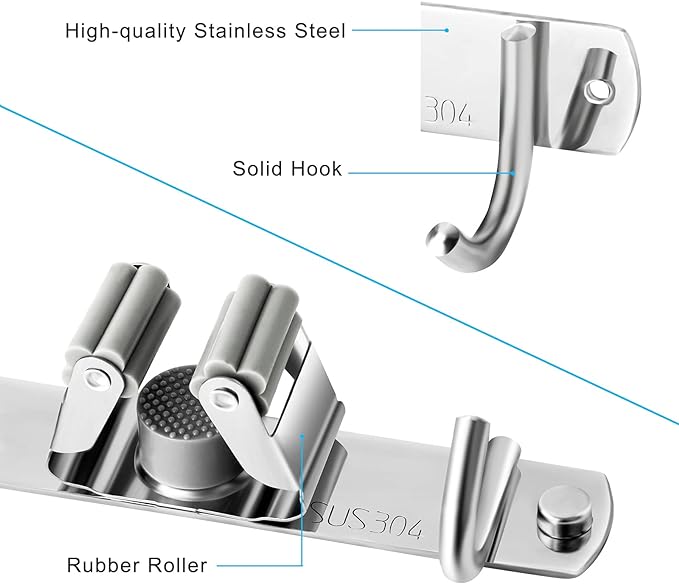 Mop and Broom Hanger Wall Mount, stainless steel Broom Hook Organizer Wall - Image 2