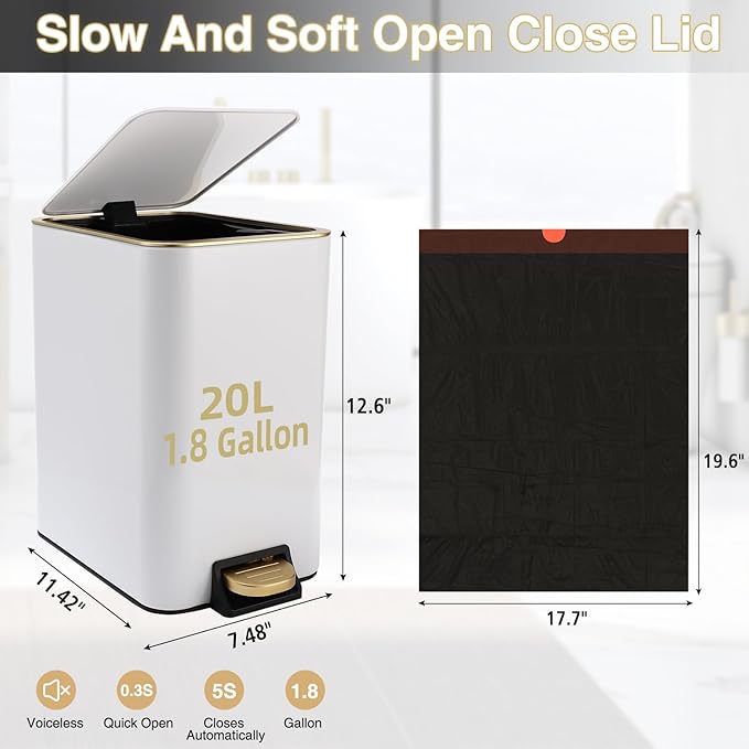 Small Bathroom Trash Can with Lid Soft Close, 1.8 Gallon Stainless Steel - Image 6