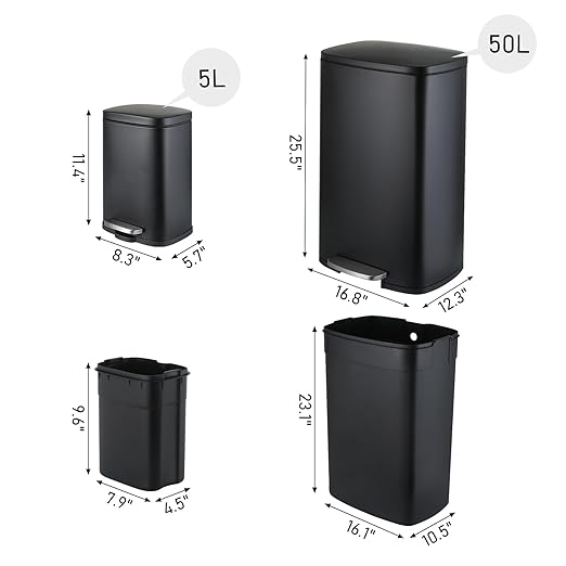 Arlopu 13.2+1.3 Gallon Step Trash Can, Stainless Steel Garbage Bin, Soft-Close - Image 2