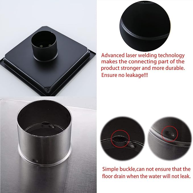 RANDOM Matte Black Square Shower Drain 6 Inch Drain Cover 304 Stainless Steel - Image 4