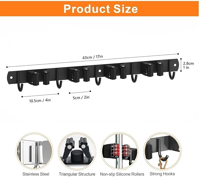 Mop and Broom Holder Wall Mount, Upgraded Broom Organizer Wall Mount, Stainless - Image 5