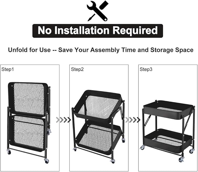 2-Tier Metal Folding Rolling Cart, Mobile Utility Cart Trolley Storage Organizer - Image 2